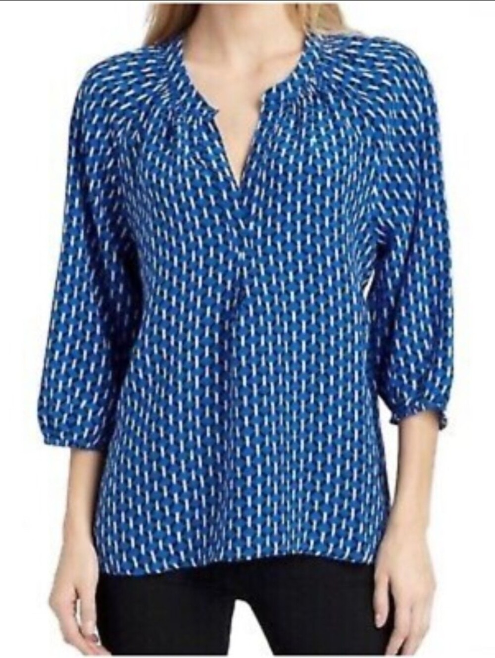 Joie Blue Patterned Split-Neck Silk Blouse Size M